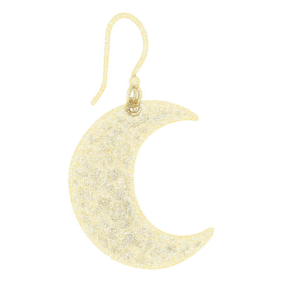 A crescent moon earring drawn in scattered brass points, like a constellation