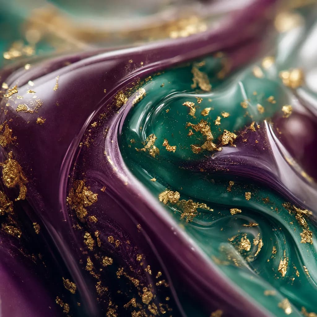 Extreme close-up of hand-poured resin swirled plum and sea green with gold leaf